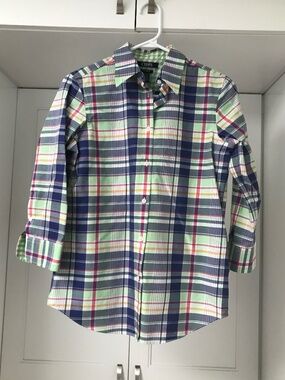 Chaps Women’s 💯 % Cotton Button Down 3/4 Sleeve Plaid US XS Non Iron